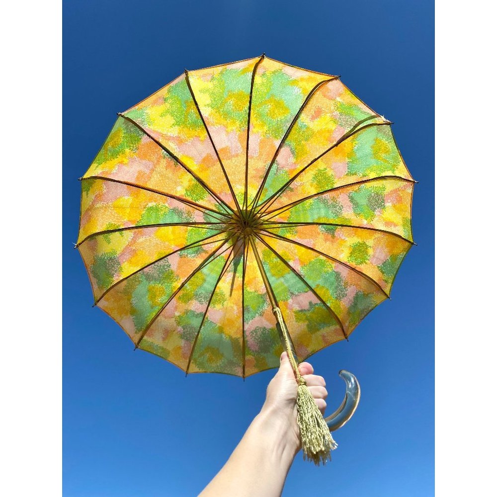 SOLD Vintage midcentury colorful spring pastel pagoda umbrella parasol - Picture 1 of 9